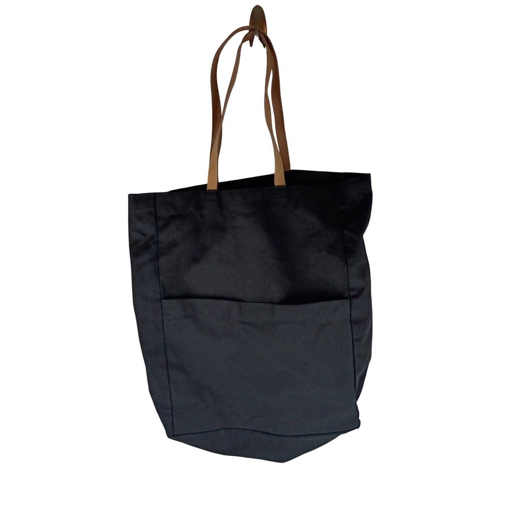 Black Canvas Tote Bag with Tan Leather Straps and Front Pocket Minimalist